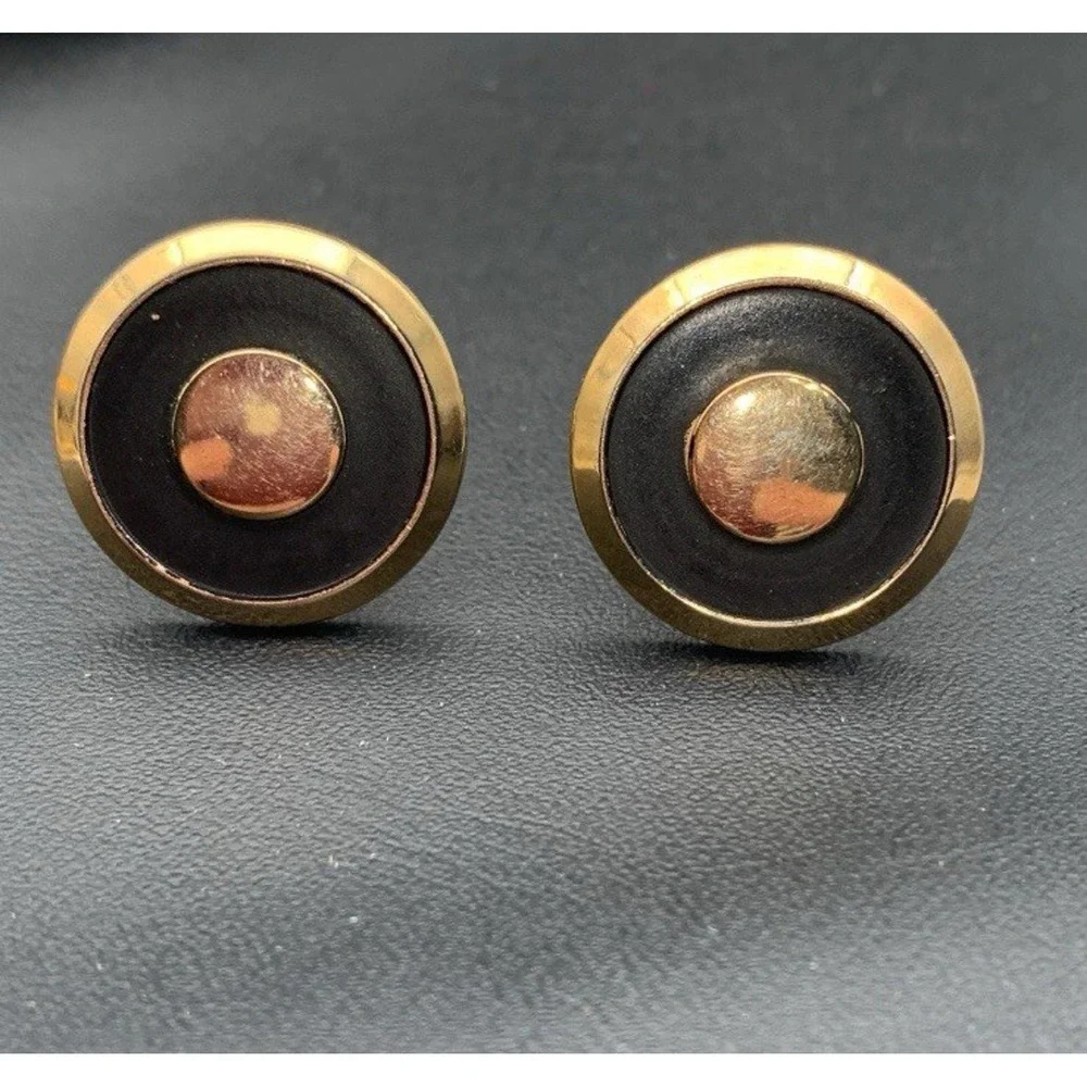 Vintage Swank Gold Tone And Matte Black Round Classic Cufflinks Signed